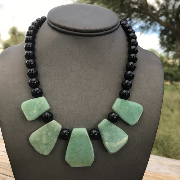 Genuine Natural Jade Nephrite Black Onyx Cleopatra Necklace Sterling Silver 925 - Picture 6 of 13